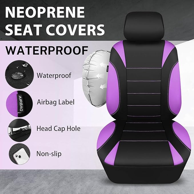 CAR PASS Waterproof Car Seat Covers Front Seats Only with 5mm Composite EVA, Neoprene Car Seat Cover with Separate Headrest Cover, Quick Setup Universal Fit for Car SUV Trucks,Airbag Compatible Purple