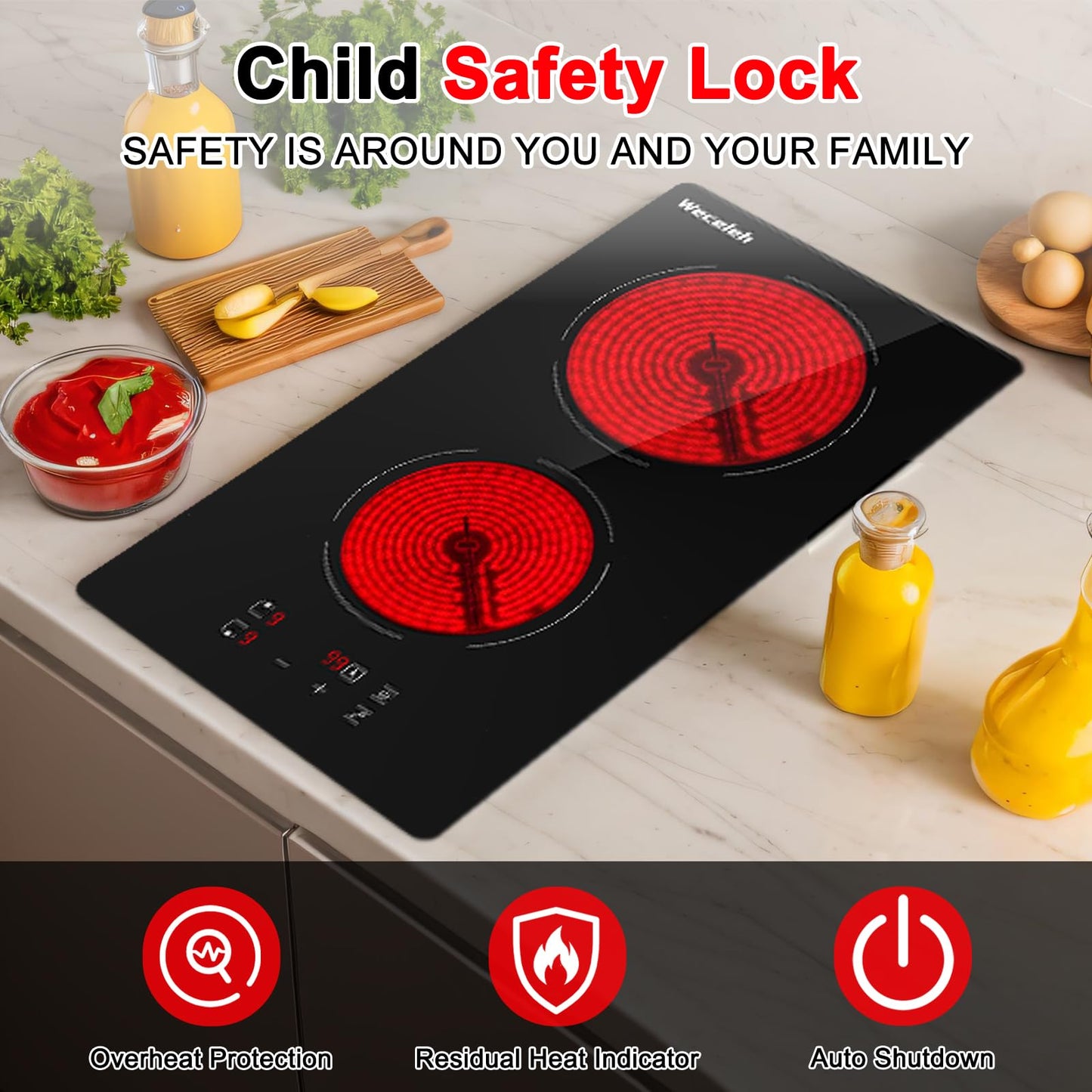 36 Inch Electric Cooktop 7300W Built-in Electric Stove Top 5 Burners 11 Power Levels,Knob Control,Keep Warm Function,Child Safety Lock,Hot Surface Indicator