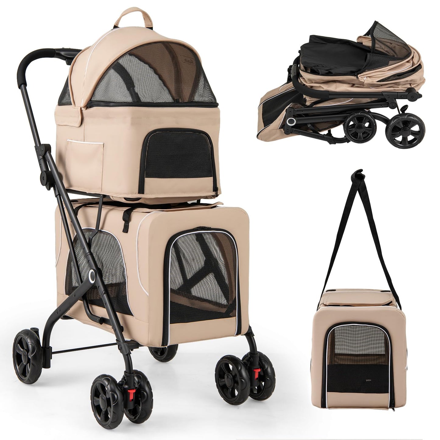 HAPPAWS 4-in-1 Double Pet Stroller with 2 Detachable Carriers, Foldable Dog Cat Travel Stroller for Small Medium Pets, Travel Cat Bag with Safety Belt & Lockable Wheels, Beige