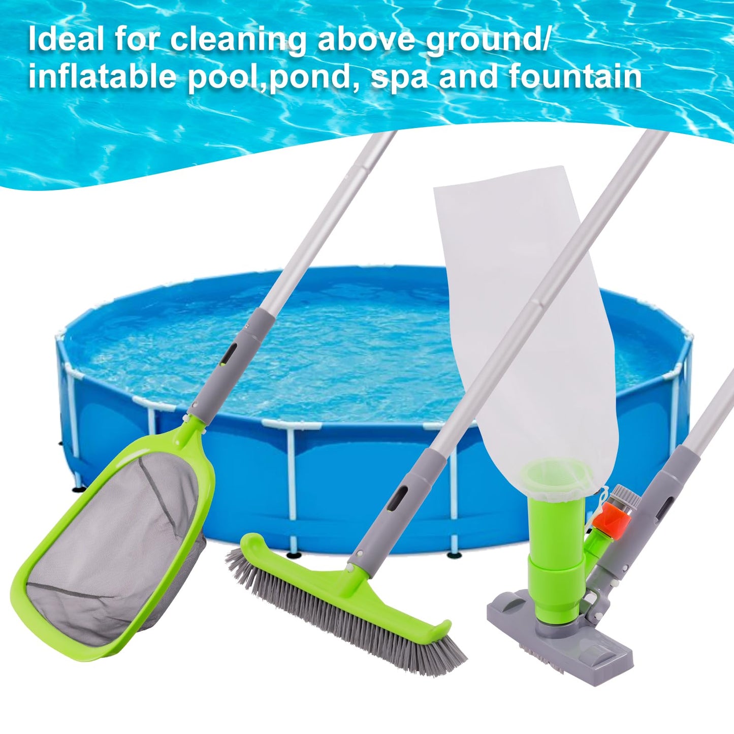 Sepetrel Deluxe Swimming Pool Cleaning Kit with Spa Jet Vacuum Cleaner,Brush, Semi-deep Skimmer Net & Adjustable 57.5-inch Pole,Ideal for Cleaning Above Ground,Inflatable Pools