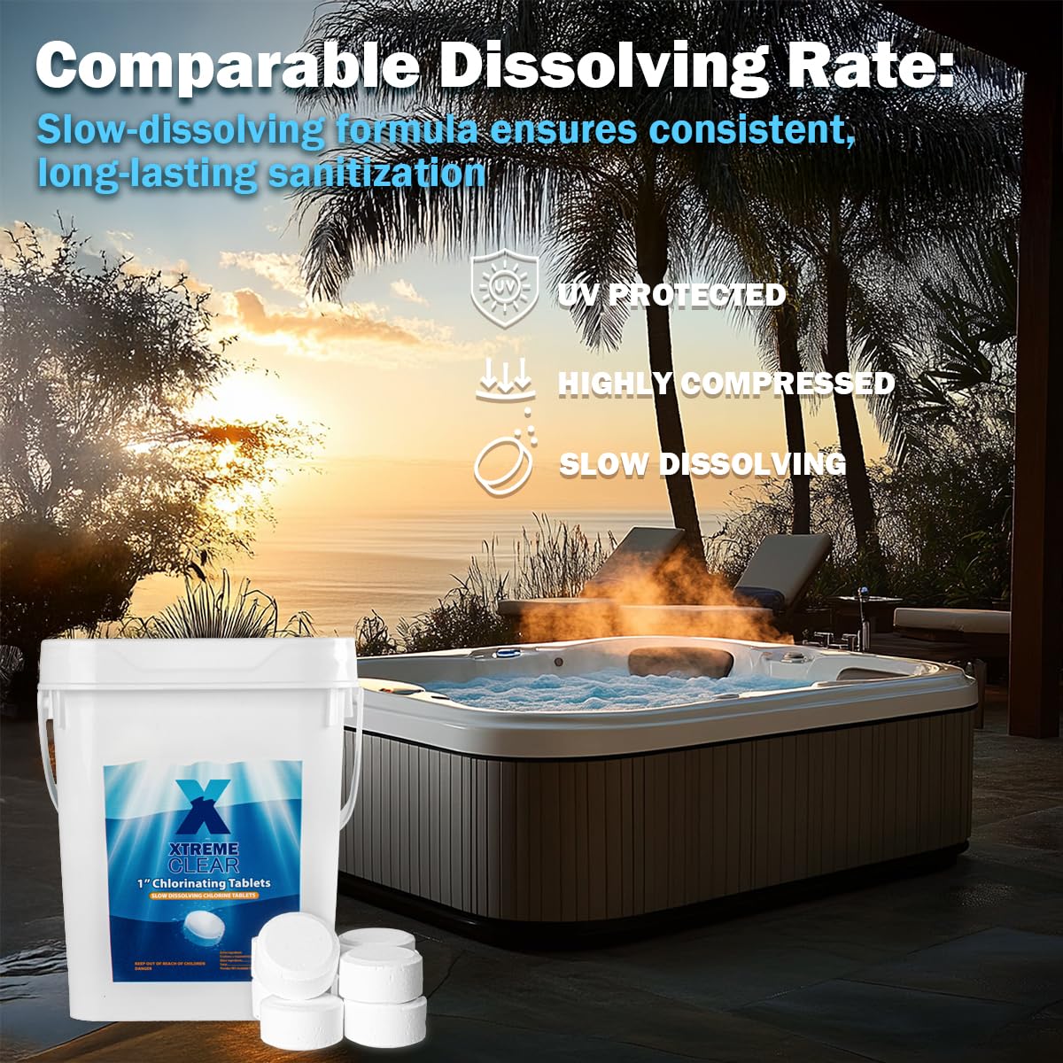 XtremeClear 5lbs 1" Chlorine Tabs for Swimming Pool Hot Tub & Spa Eliminate Bacteria & Algae Sanitizer Makes Water Clean & Crystal Clear Slow Dissolving, 5-Pounds