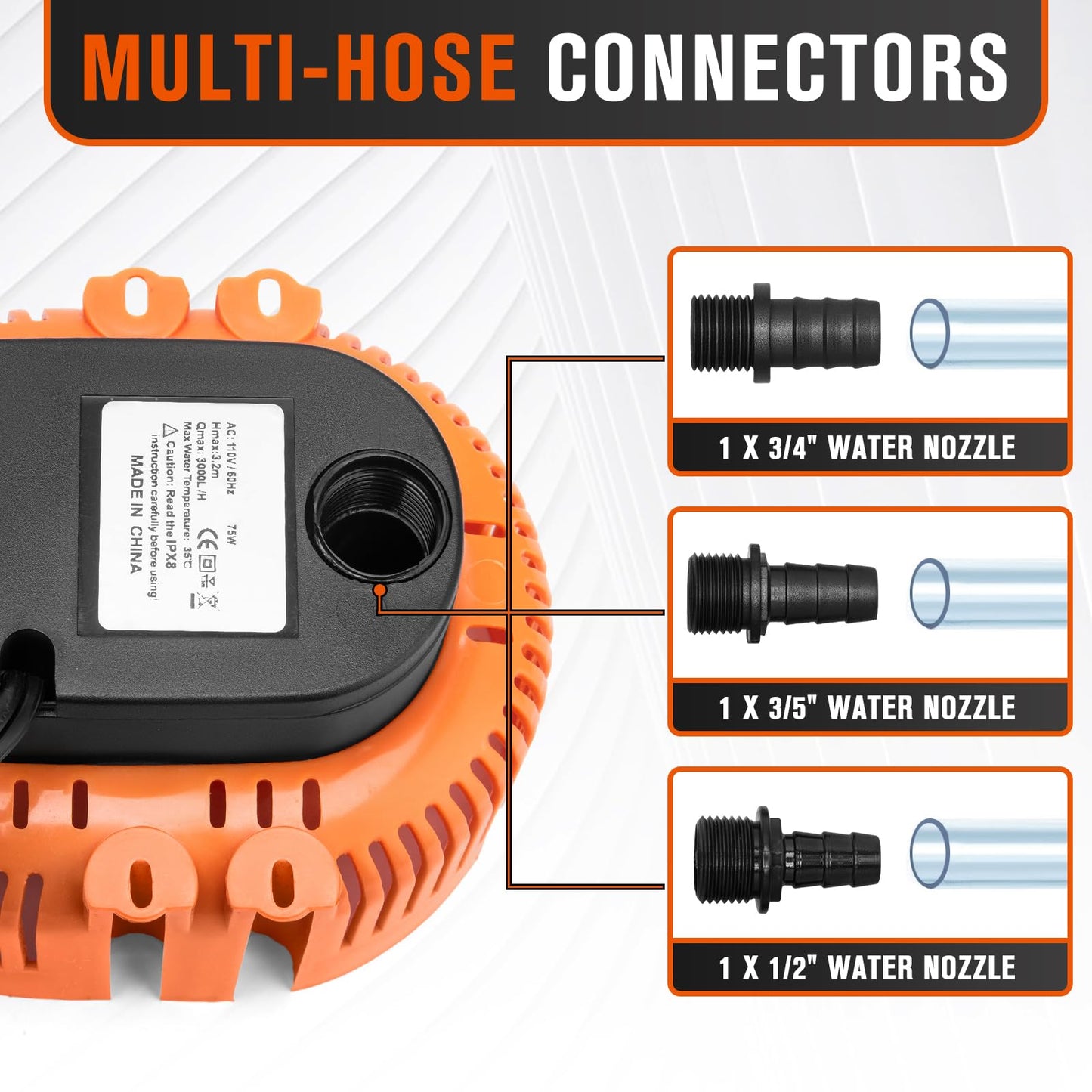 Sump Pump,Pool Cover Pump above Ground,submersible water pump Swimming Water Removal Pumps,for Swimming Pool Basement Garden Pond Tubs Draining,75W,Max Flow:850GPH,3 Adapters,25 Ft Power Cord (Orange)