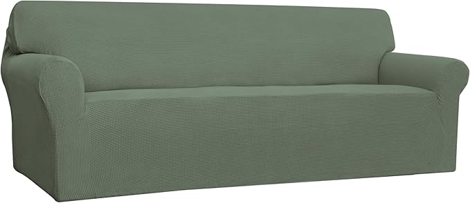 Easy-Going Stretch 4 Seater Sofa Slipcover 1-Piece Sofa Cover Furniture Protector Couch Soft with Elastic Bottom for Kids, Polyester Spandex Jacquard Fabric Small Checks Greyish Green