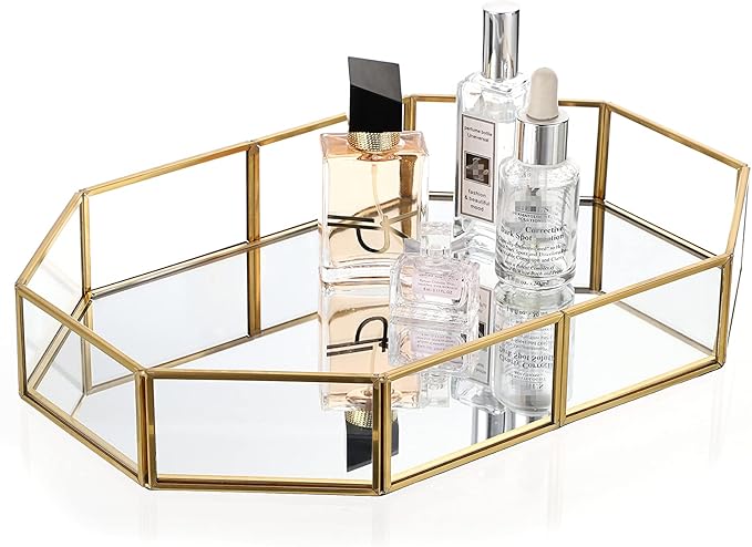 Hipiwe Gold Perfume Tray - Glass Mirror Makeup Tray Ornate Vanity Tray Dresser Tray Jewelry Trinket Organizer Tray for Bathroom Storage Tray for Home Decor,12.4"x 8.5"