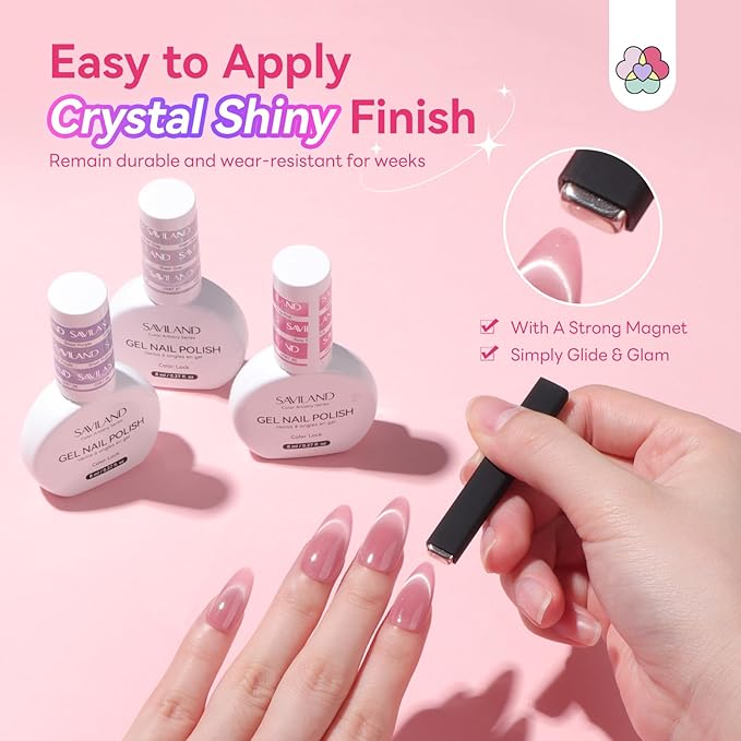 SAVILAND Color Artistry Cat Eye Gel Nail Polish: 6 Colors Cateye Gel Polish Set Long-Lasting Magnetic Nail Polish Sheer Nudes Pink with Magnet Stick Nail Art Home Glass Bead Effect