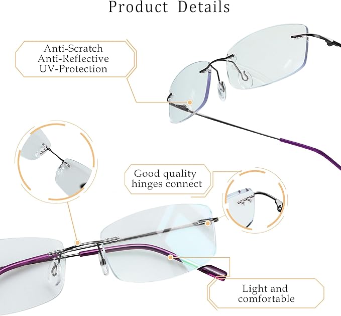 LifeArt Blue Light Blocking Computer Reading Glasses,Men's and Women's Rimless Frame (Purple, +3.00 Magnification)