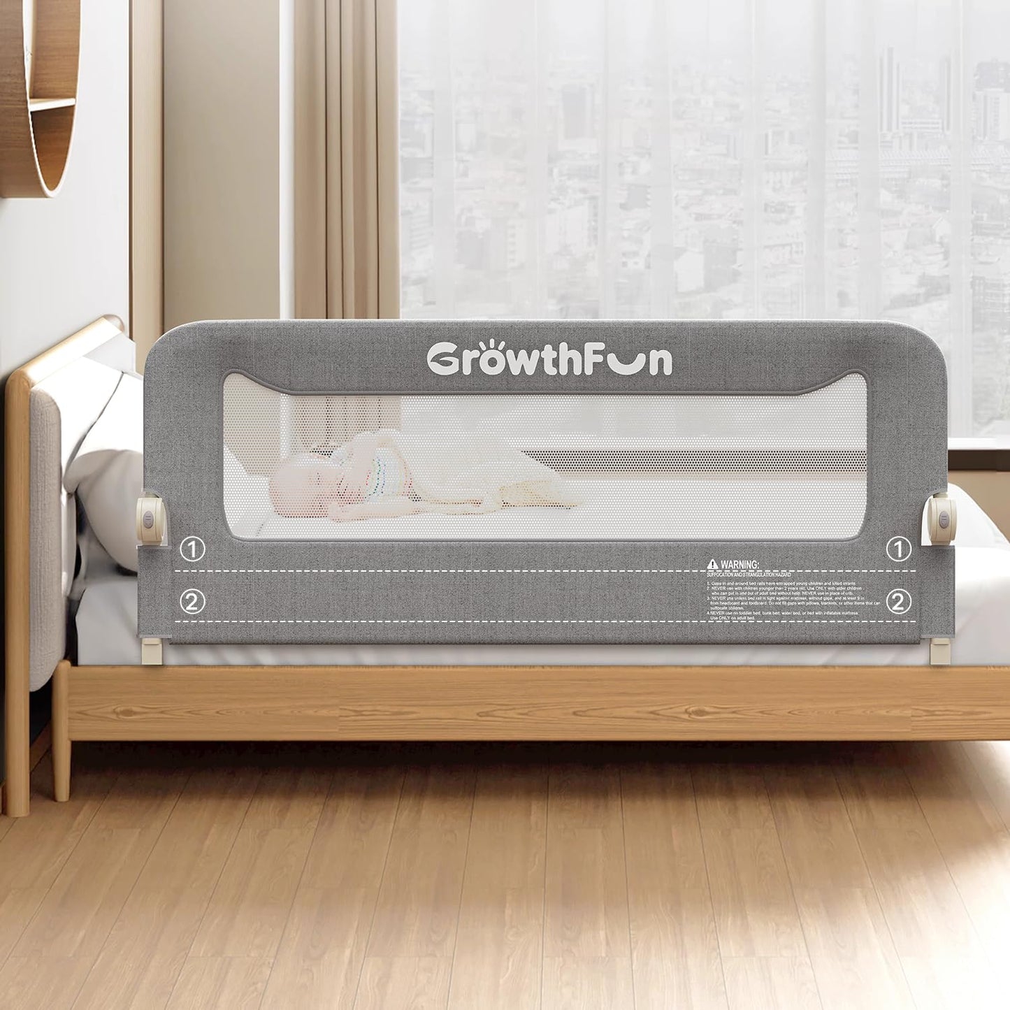 GrowthFun Foldable Bed Rail for Toddlers, 59in Reinforced Carbon Steel Frame&Connectors, Breathable Cationic Fabric, Safety Toddler Bed Rails for Queen, King, Twin, Full, No-Tool Setup.