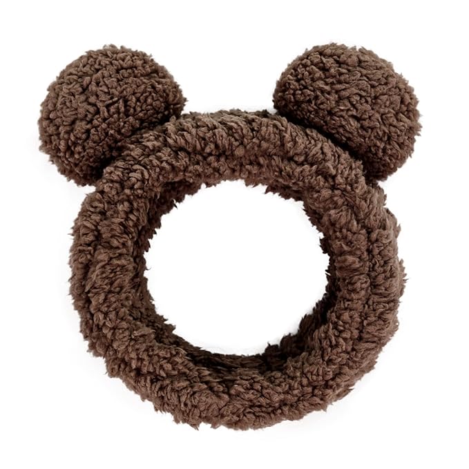 Huachi Bear Ears Headbands for Women Face Washing Spa Makeup Hair Bands Korean Elastic Fluffy Beauty Accessories, Brown