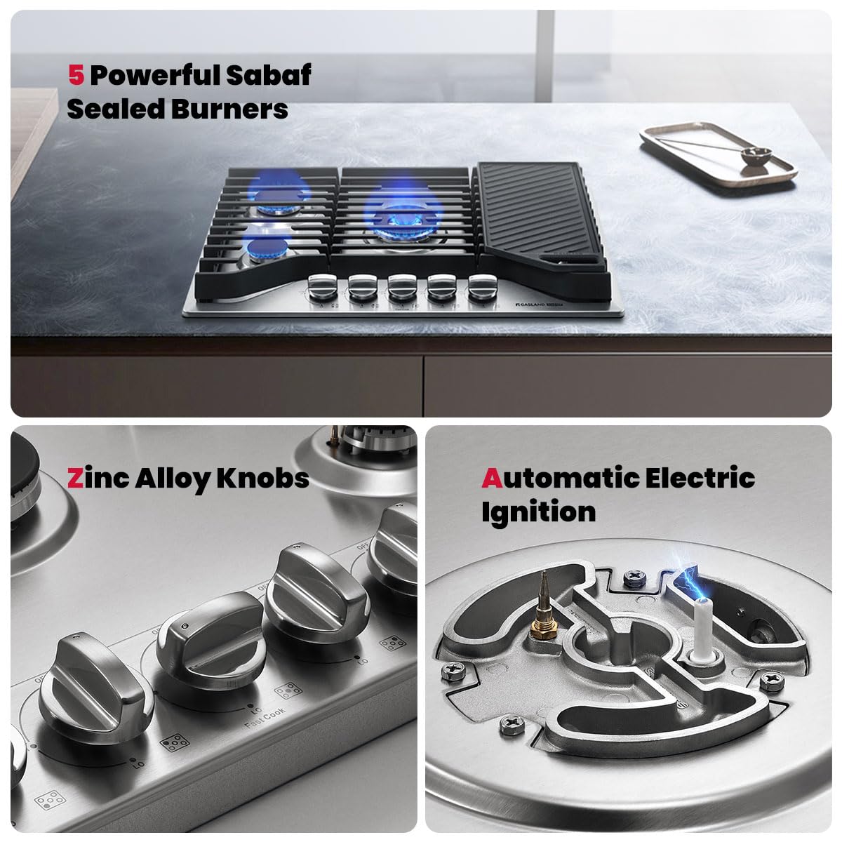 GASLAND Master 30 Inch Heavy Duty Gas Cooktop with Griddle PRO GH3805SS1FC with 5 Burners, CSA certified, 120V Plug-in, NG/LPG Convertible