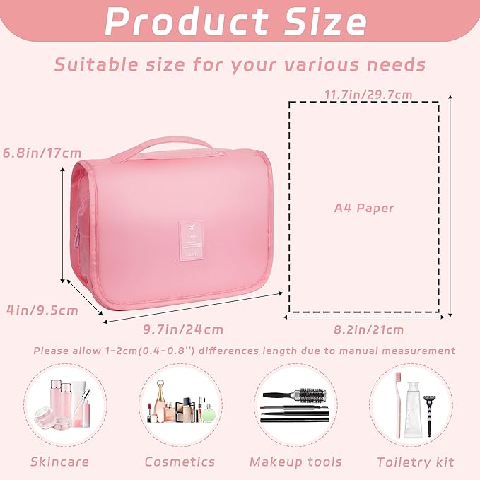 Toiletry Bag Travel Bag with Hanging Hook, Waterproof Capacity Hanging Multifunctional Makeup Bag for Toiletries, Portable Cosmetic Bag Travel Organizer for Women and Men(Pink)