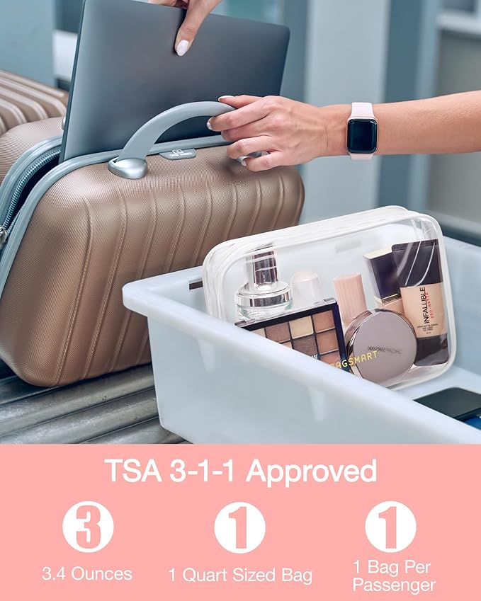 BAGSMART Clear Toiletry Bag, 3 Pack TSA Approved Travel Toiletry bag Carry on Travel Accessories Bag Airport Airline Quart Size Bags Water Repellent Makeup Cosmetic Bag for Women (White-3pcs)