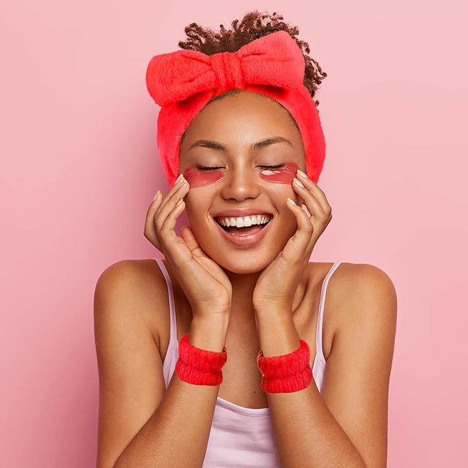 Hanaive 3 Pcs Face Wash Headband and Wristband Set Bow Spa Headbands Face Wash Arm Cuffs for Women Makeup Skincare Bath Headbands Wrist Bands for Washing Sleepover Party Supplies(Red)