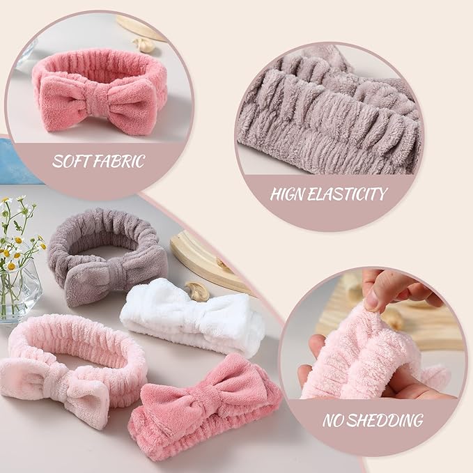 VITEVER 4 Pack Spa Headband for Washing Face, Girls Makeup Bow Tie Hair Band, Microfiber Women Headbands, Elastic Headband to Skincare, Gifts for Teen Girls- White, Brown, Rose Pink, Light Pink