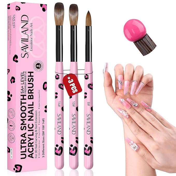SAVILAND Acrylic Nail Brush Set: 3 Pcs Acrylic Brushes for Nails, Size 8/10/14 Professional Nail Art Brushes for Acrylics Powder Application, Acrylics Kit Set for Nails Extension 3D Caving DIY