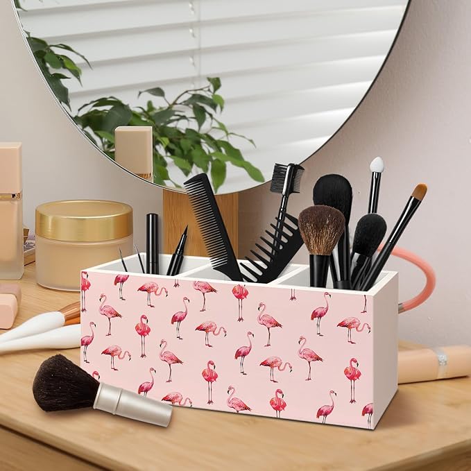 Pink Flamingo Wooden Pen Pencil Holder for Desk Accessories, Pink Flamingo Gifts for Women, Preppy Wood Makeup Brush Toothbrush Holder Organizer for Vanity Bathroom