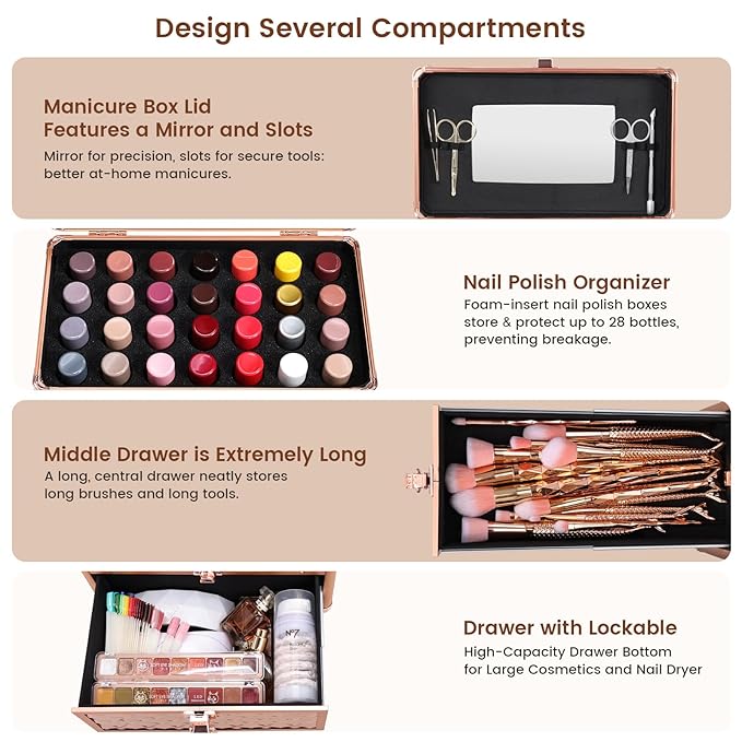 Makeup Train Case Professional Makeup Organizer Case with Drawer Mirror Extra Large Makeup Manicure Accessory with Dividers Travel Cosmetic Case for Cosmetologist Nail Tech Kits Makeup Case Rose Gold