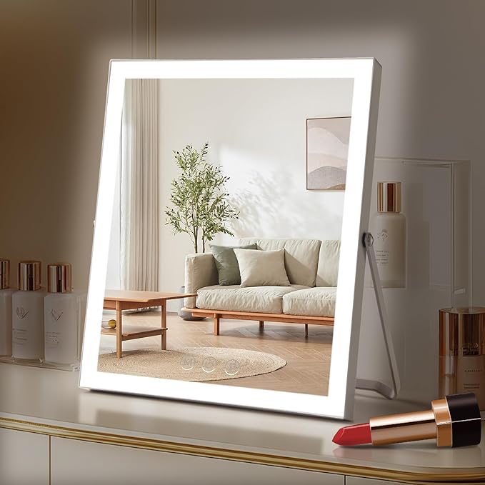 Vanity Mirror with Lights,10"x12" Lighted Makeup Mirror with 3 Color Modes & Dimmable, 360ÃÂ° Rotation Desk Mirror, Dual Power Supply, Smart Touch Control with Settings Memory (White)