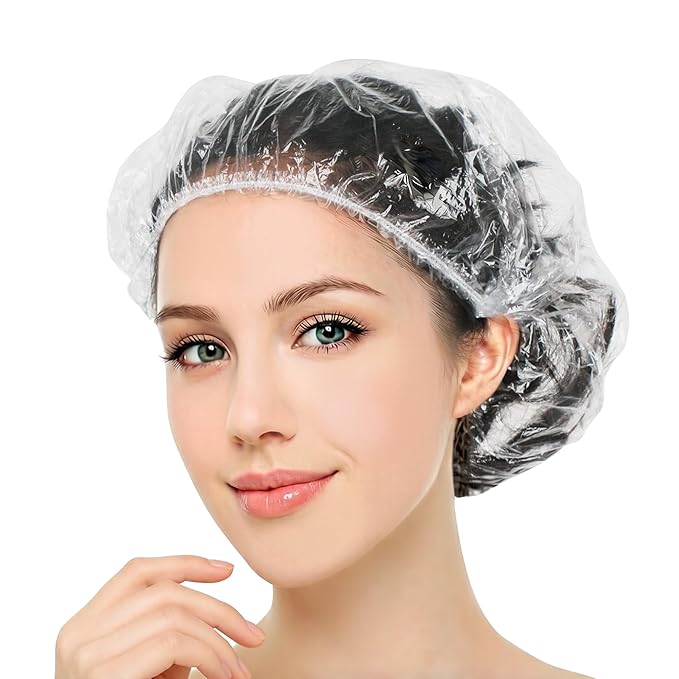 100 Pcs Disposable Shower Caps for Women & Men, Plastic Shower Cap Waterproof & Durable, Clear Large Plastic Hair Caps for Deep Conditioning, Hair Treatment, Travel Essentials Accessories