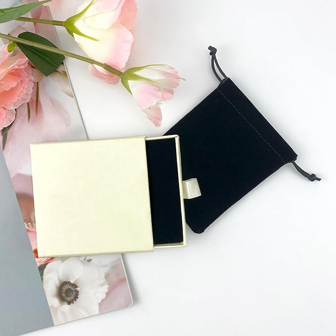 Small Jewelry Gift Box and Velvet Bag, Necklace Bracelet Earring Cardboard Organizer Square Jewellery Gift Box Pendent Storage Case for Birthday Xmas Christmas Wrapping (Beige)