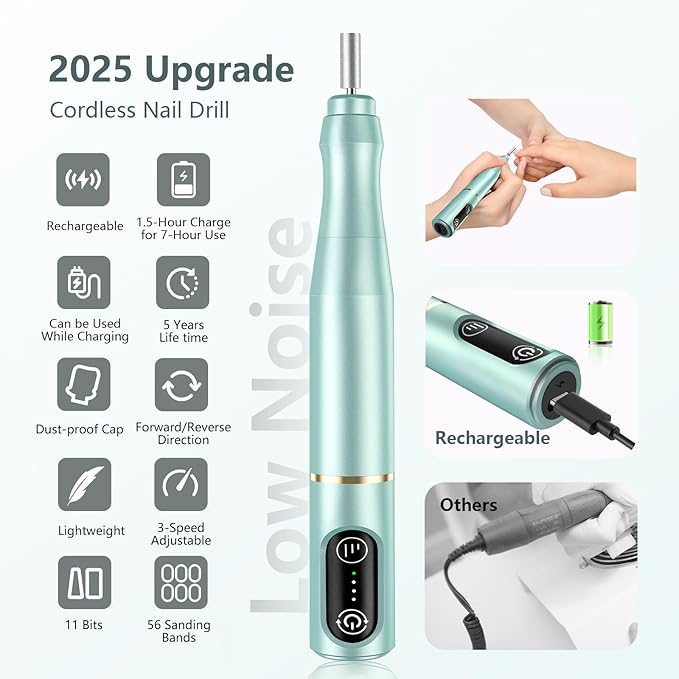 Cordless Nail Drill Electric Rechargeable File Kit, Professional Efile Acrylic Gel Nail Polish Remover Pedicure Manicure Machine Portable Set with 11 Bits 56 Sanding Bands for Salon Mint Green