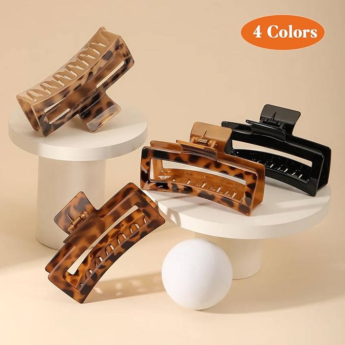 Auseibeely 4 Pack 5 Inch Extra Large Claw Clips for Thick Hair, Jumbo Tortoise Shell Claw Clip for Hat, Big Square Hair Clips for Thick/Long/Curly Hair, Non-slip Baseball Jaw Accessories