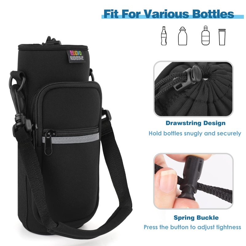 Nuovoware Water Bottle Carrier Bag, 64oz Bottle Pouch Holder, Adjustable Shoulder Hand Strap 2 Pocket Sling Neoprene Sleeve Sports Water Bottle Accessories for Men Women Hiking Travelling Camp