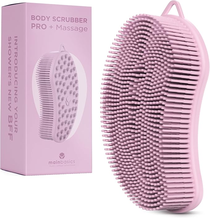MainBasics Silicone Body Scrubber Dual-Sided Shower Loofah and Massaging Nodes (Pink, Massage)