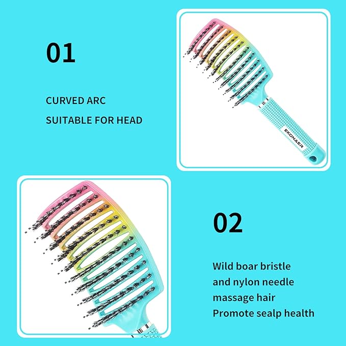 Detangling Brush Boar Bristles Hair Brush for Adult & Kids Wet or Dry Hair,Curved and Vented Detangler Brush - Adds Shine and Makes Hair Smooth(Green)