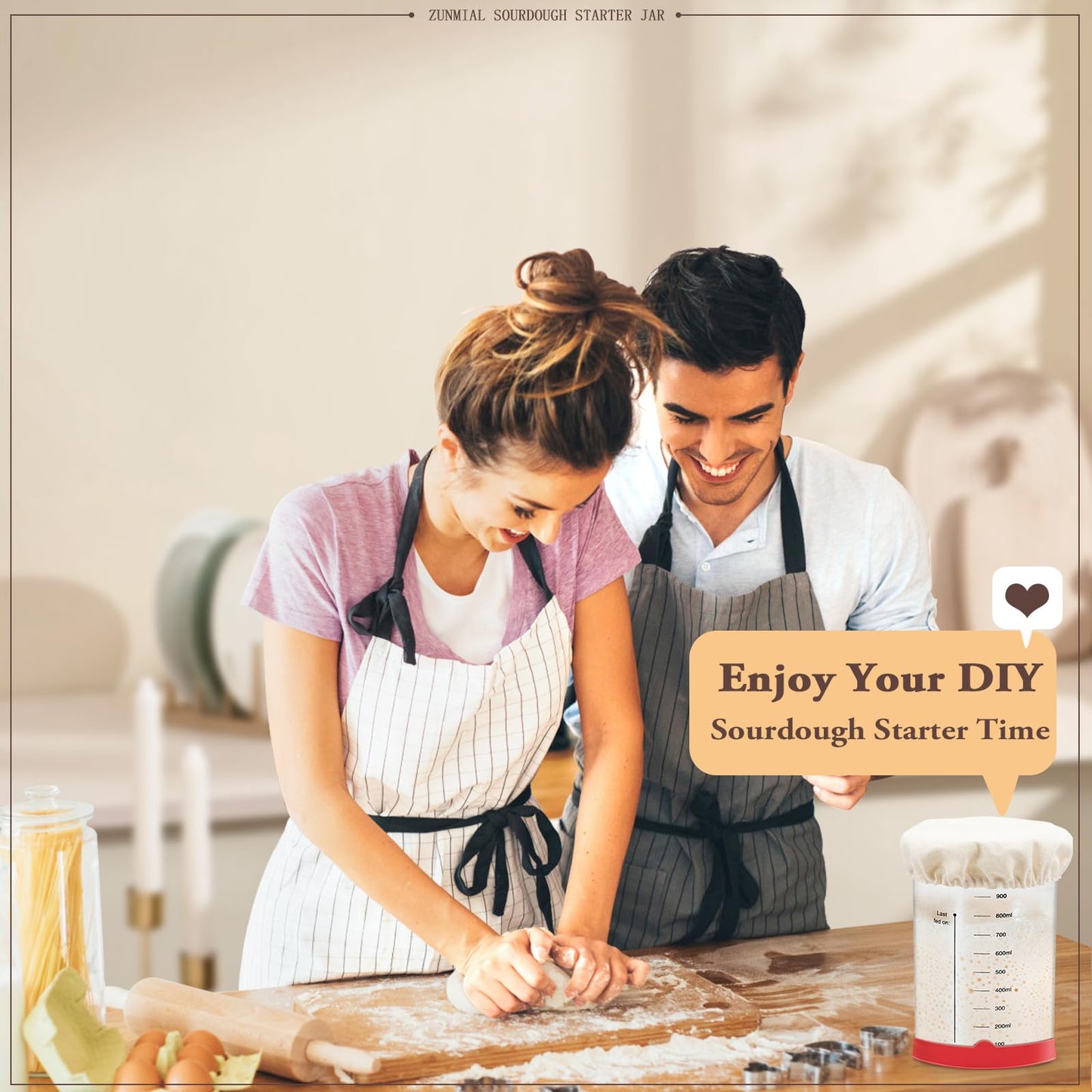 zunmial Sourdough Starter Jar, 35OZ Glass Sourdough Jars Wide Mouth With Red Silicone Cap, Sourdough Starter Kit with Date Marked Feeding Band, Thermometer, Cloth Cover