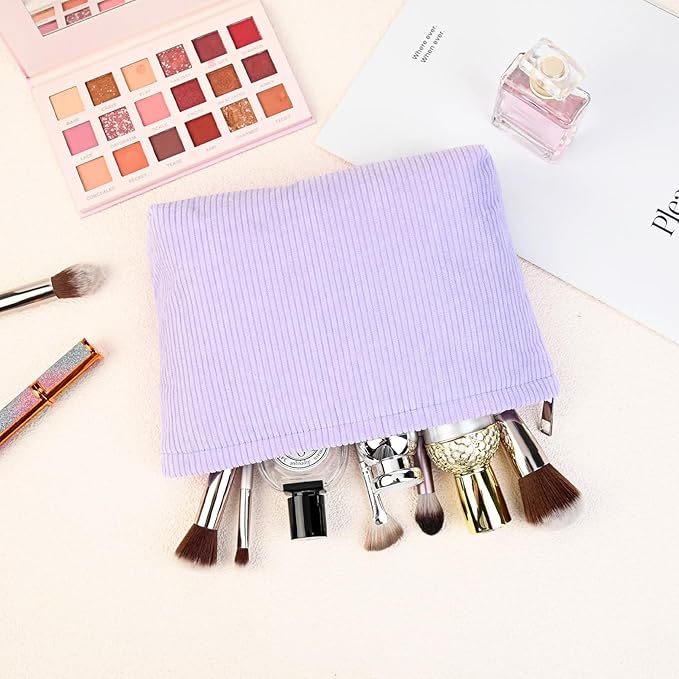 SOIDRAM 2 Pcs Corduroy Makeup Bag Large Cosmetic Bag Toiletry Bag Makeup Pouch Travel Bag Organizer Cute Makeup Brushes Aesthetic Accessories Storage Bag for Women Purple