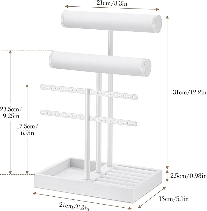 3 Tier Bracelet Holder Display - Detachable T Bar Pure White Velvet Bracelet Holder, Jewelry Holder Organizer for Bracelet, Necklace, Earrings, Rings