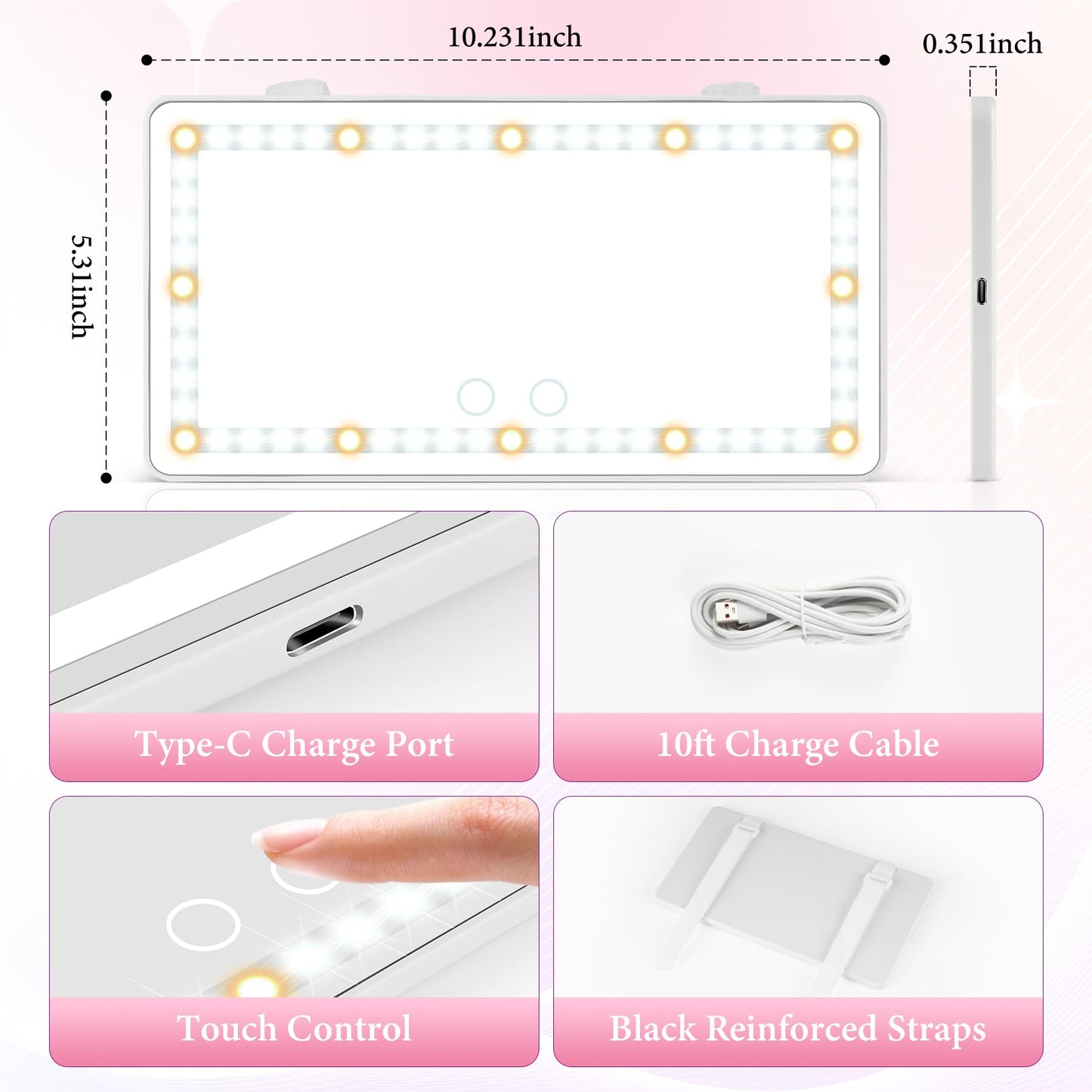 SINGARO Car Sun Visor Vanity Mirror - Rechargeable Makeup Mirror with 60 LEDs, 3 Light Modes & Dimmable Touch Control for Cars, Trucks, SUVs, Car Interior Accessories for Women (White)