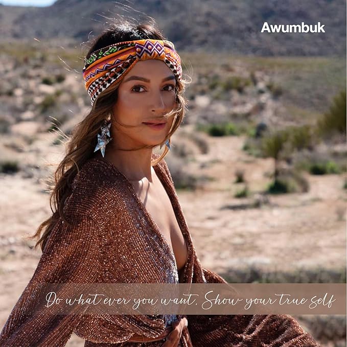 Awumbuk Wide Headbands for Women Knotted No Slip Head Bands Soft Turban Headband Hair Accessories Boho African Solid Color Head Wraps for Women Yoga Workout Pack of 6 (Retro)