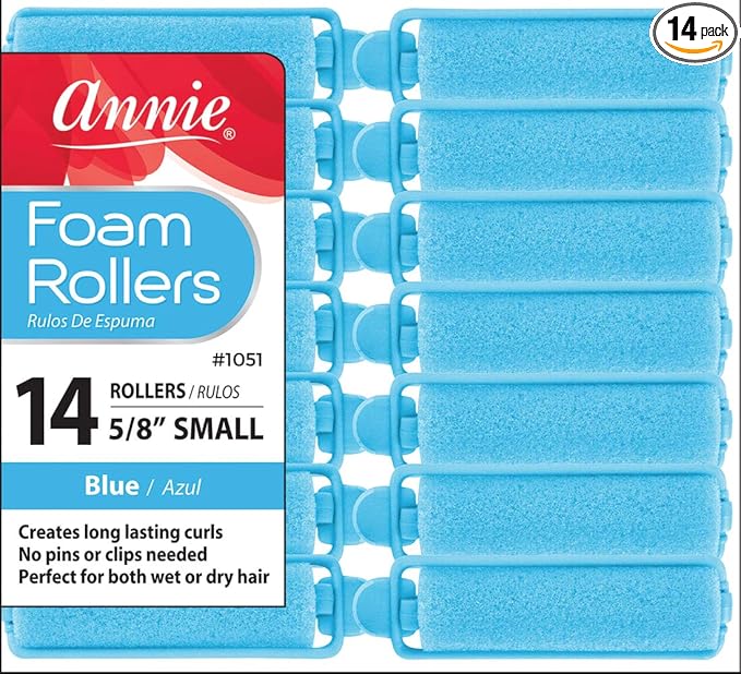 Annie Foam Hair Rollers Small 5/8 Inch, 14 Count Blue Soft Sponge Curlers for Heatless Tight Defined Curls, No Pins or Clips Needed, For Wet or Dry Hair, Comfortable Overnight Set