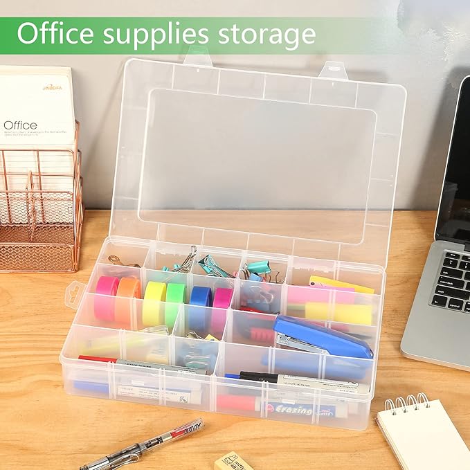 Large 24 Grids Plastic Organizer Box Adjustable Dividers,Clear Storage Box for Jewelry, Art DIY Crafts, Washi Tapes, Beads and Small Parts(3 Pack)