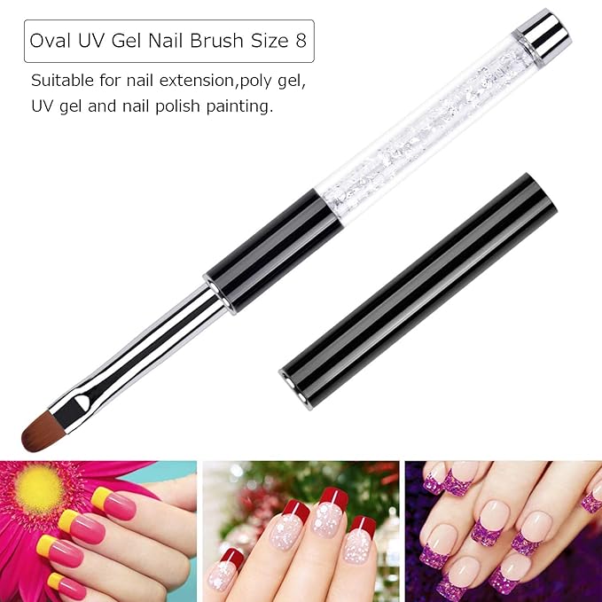 2Pcs Oval & Flat UV Builder Gel Nail Brush Set Rhinestone Handle Professional Nail Art Design Brushes for Polygel Hard Gel