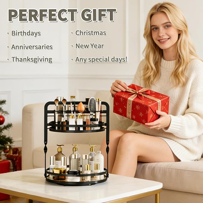 360ÃÂ° Rotating Makeup Organizer, 2-Tier Black Perfume Organizer for Dresser, Bathroom Organizers Countertop, Perfume Shelf with Makeup Brush Holder, Skincare Holder Cosmetic Display(Black)
