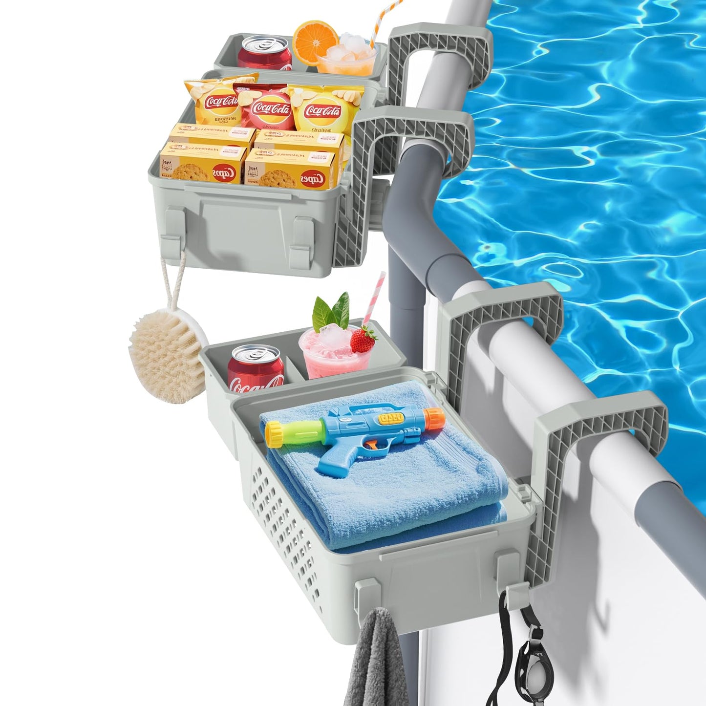 HKQ 【2026 Upgrade】 2 Sets Poolside Storage Basket with Cup Holders, Above Ground Pool Accessories, Swimming Pool Storage Basket 3-in-1 Functionality, Fits 3 Inch or Less Top Rail (Grey, 2Pcs)