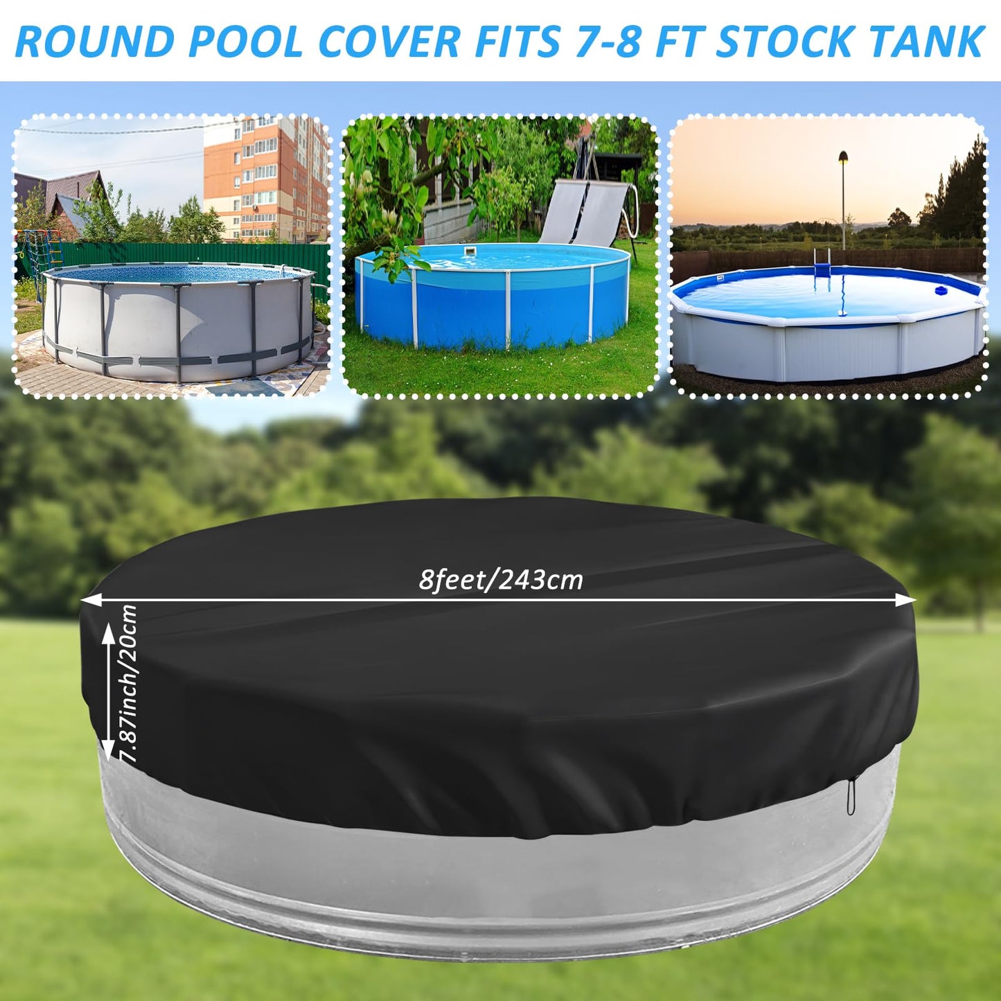 8ft Extra Large Round Stock Tank Pool Cover,Steel Round Stock Tank Pools Cover for Protection from Debris, Leaves, Dust - Waterproof and UV Resistant,Stock Tank Pools Cover with Drawstring Design