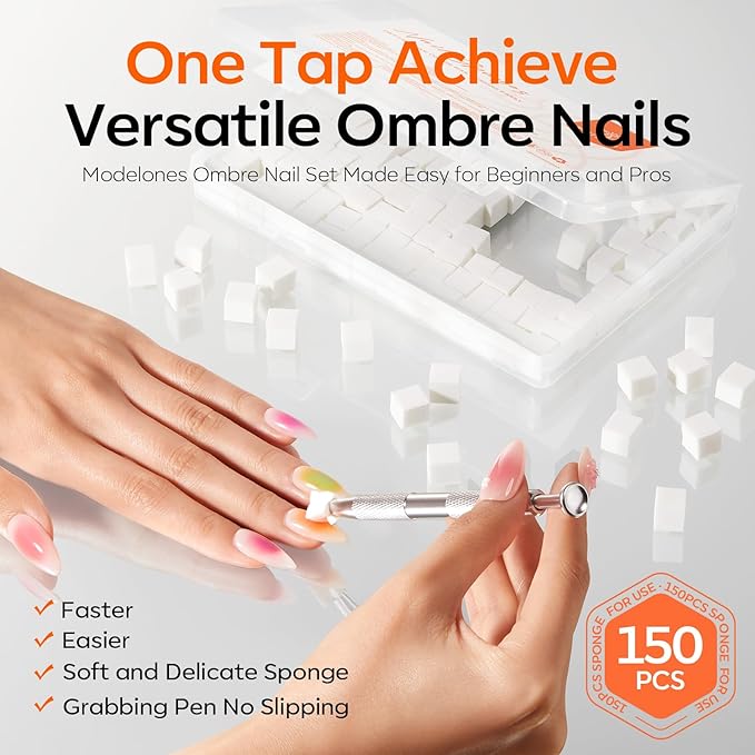 Modelones 150pcs Nail Sponges for Ombre, Nail Art Sponge with Grabbing Pen Reusable Soft Sponges for Gradient Ombre Blush Chrome Design Effects Professional Nail Stuff Supplies DIY