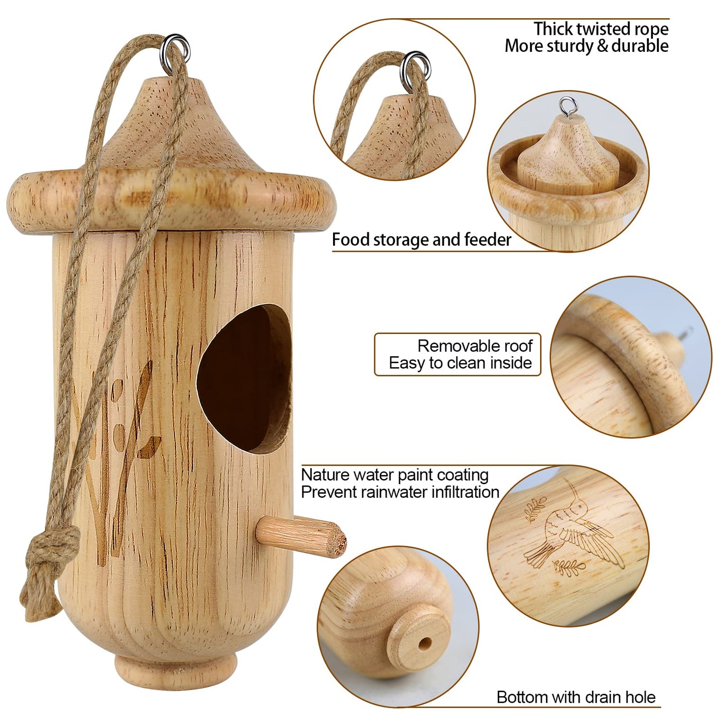 Hummingbird House for Outside Hanging, Small Wooden Hummingbird Gifts Nest 3 Pack with Hemp Ropes, Gardening Gifts Humming Bird Houses Home Decoration