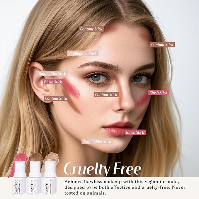 KIMUSE Face Sticks Trio, Cream Blush Stick & Highlighter Stick & Contour Stick for Sculpt the Cheeks, Long Lasting Cream Contour Stick Trio for Face Makeup, with Brush