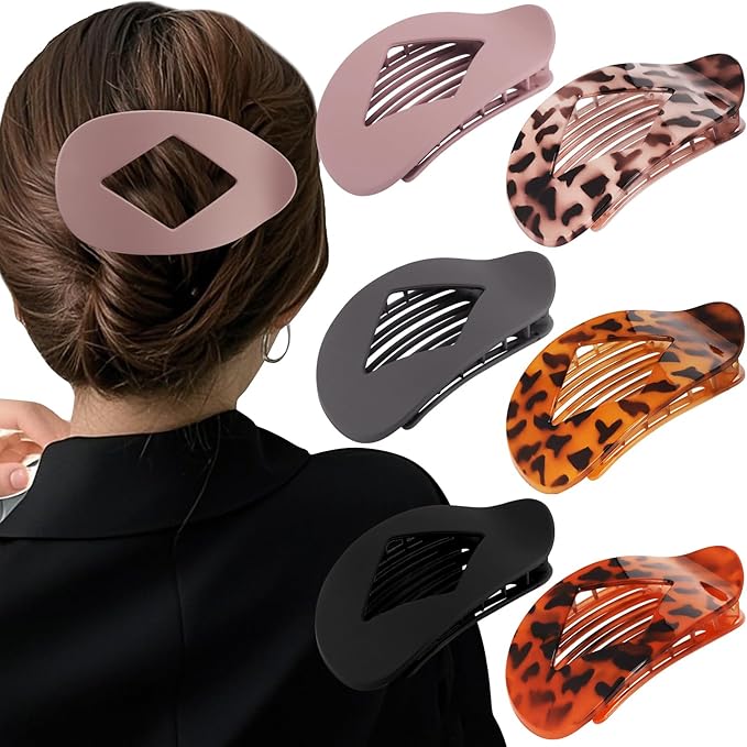 Flat Hair Clips Duckbill Large Claw Clips for Thick Medium Thin Hair 6Pcs French Barrettes Accessories for Women Girls Oval Round Leopard Tortoise Shell Neutral Color