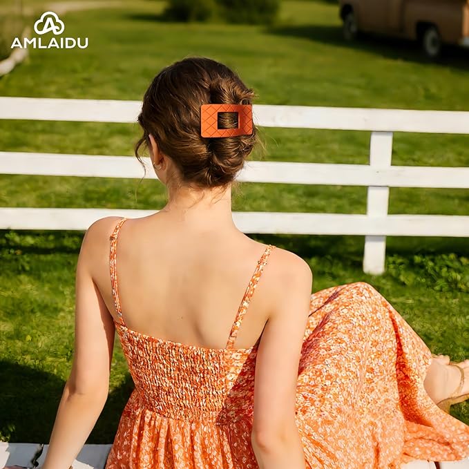 Large Flat Hair Claw Clips for Women for Thin Thick Hair, Stylish Strong Hold Non Slip Square Hair Clips, Cozy French Lay Down Hairclips, Comfortable All-Day Wear, Orange, 4 Pcs