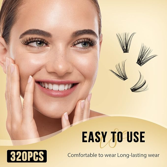 QUEWEL Lash Clusters 320Pcs Cluster Lashes 30D+40D D Curl Lash Cluster Eyelash Extensions Mix9-16mm Individual Eyelashes Clusters Wispy Lash Clusters Thin Band Soft to Use at Home(30D+40D D Mix9-16)