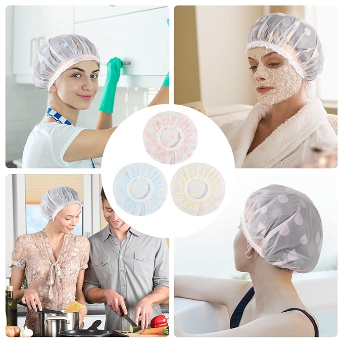 Waterproof Shower Caps, 3 Pcs Plastic Reusable Shower Caps Elastic Band Bath Caps for Women Ladies Spa Salon