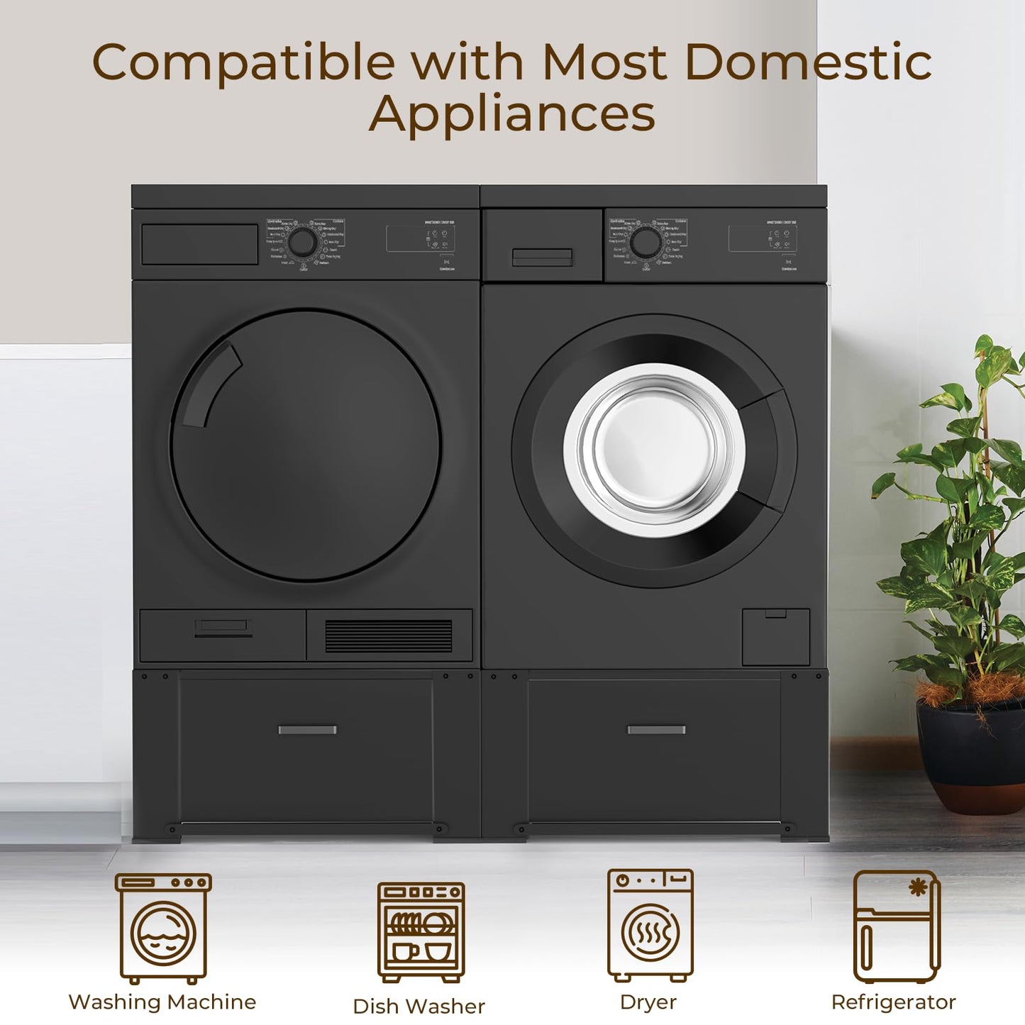 SKM Washer and Dryer Pedestal with Drawer, Laundry Pedestal for Washer and Dryer Stand, Heavy Duty Steel Washing Machine Stand Height Raiser (2, black, 28" W x 29" D x 14" H)