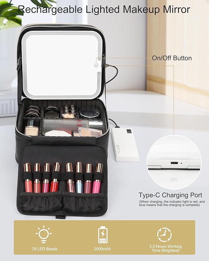 Chomeiu Makeup Bag with LED Mirror, 2 Layer Travel Makeup Case for Women and Makeup Artists Cosmetic Organizer Large Make Up Bags, 3 Color Lights, Adjustable Dividers and Brush Holder