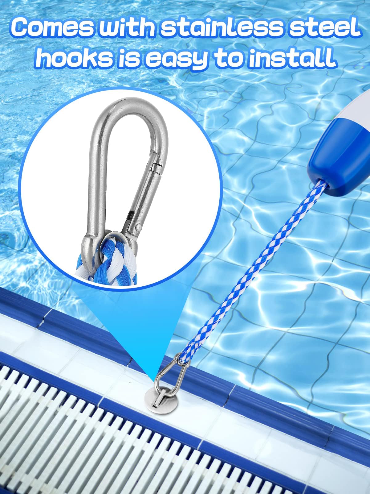 Aulock 20Ft Pool Safety Rope with Floats - Effective Visibility Floating Pool Rope Divider Barrier with Pre-Assembled Stainless Steel Hooks for Indoor and Outdoor Swimming Pools Separating Depth
