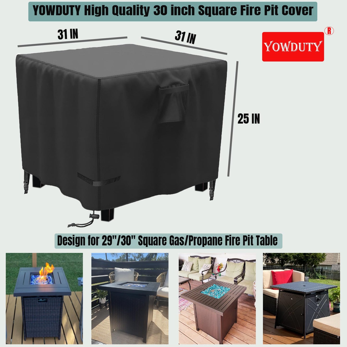 YOWDUTY Propane Fire Pit Cover Square 30 Inch, Waterproof Heavy Duty 600D Gas Fire Pit Table Cover 30 x 30 x 25 Inch, Fit 28-30 Inch Firepit Table, All-weather Protection For Patio Fire Table